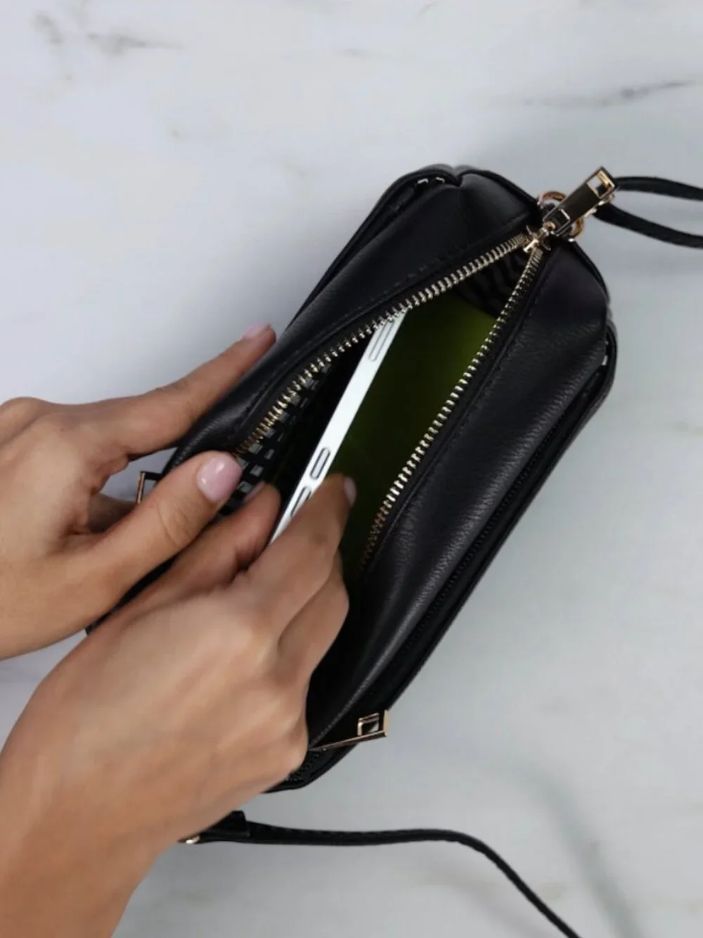 Small crossbody bag with triple zip compartments, faux leather & gold hardware